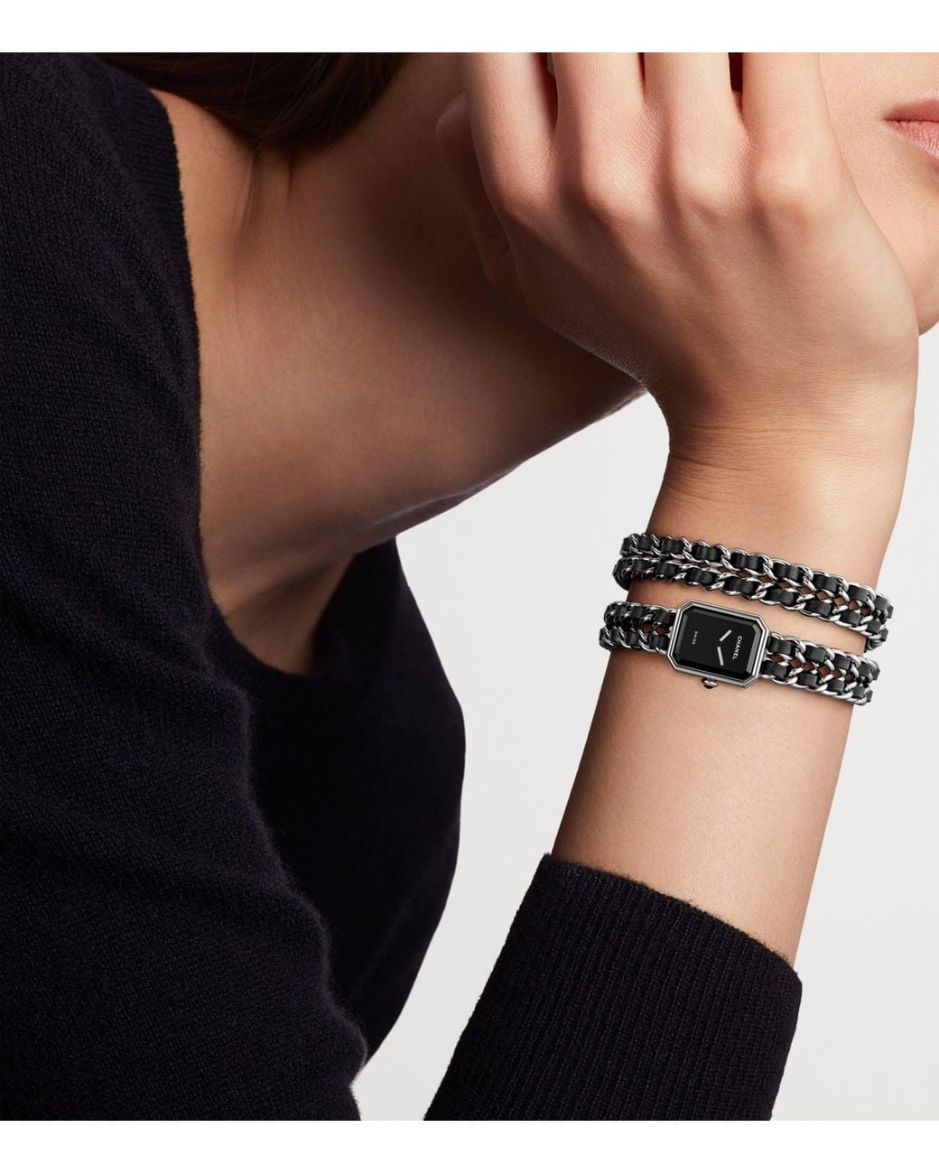 CHANEL Coated Steel Première Iconic Chain Double Row Watch in Black ...