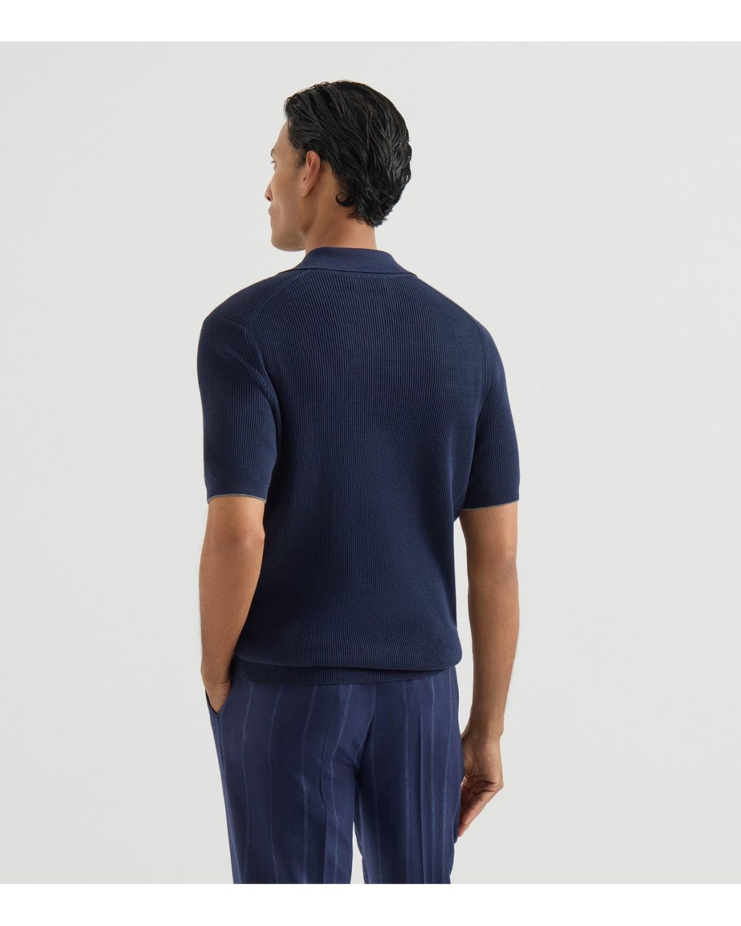 Brunello Cucinelli Blue Cotton Rib-Knit Polo Shirt for men