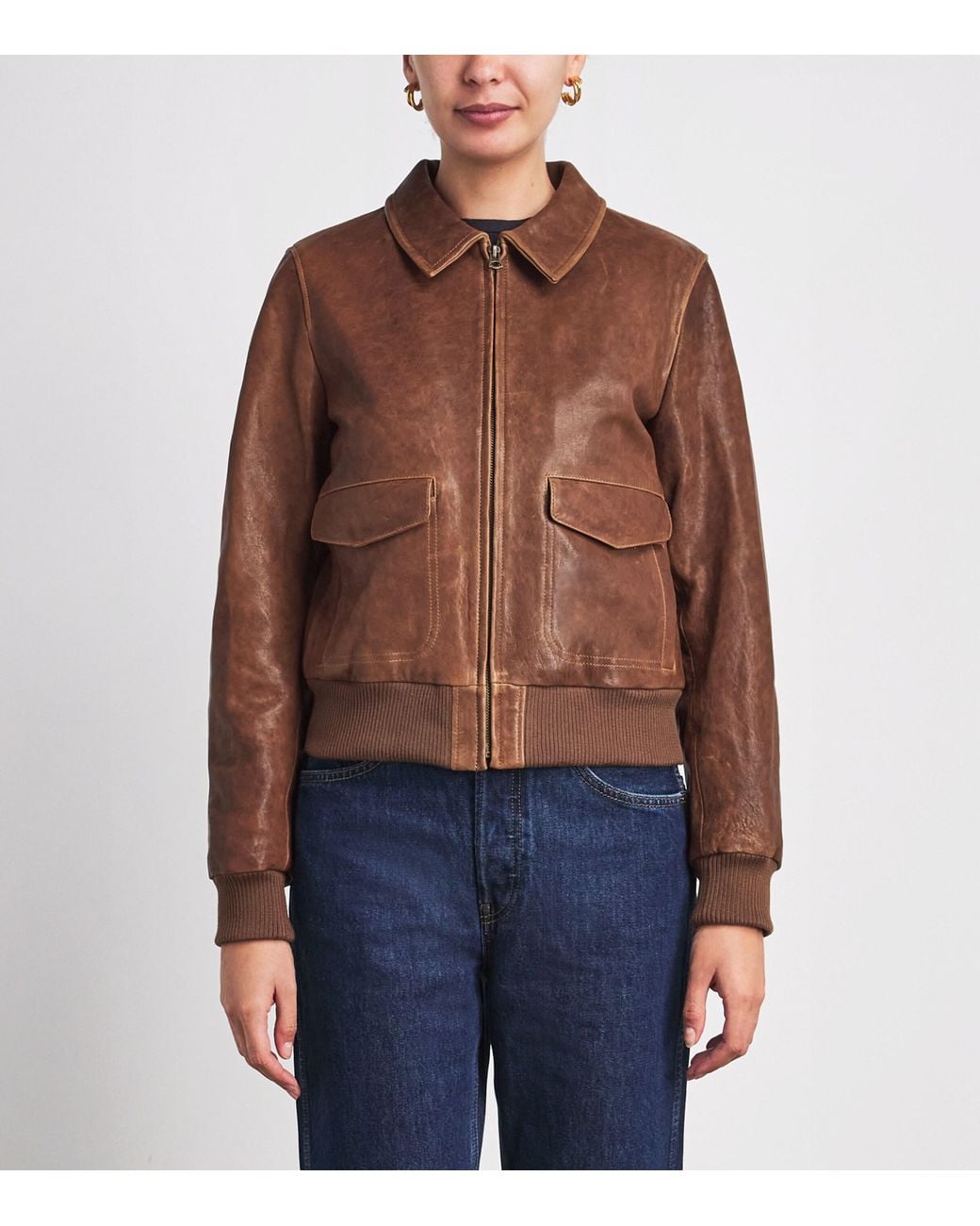Re/done Brown Leather Quinn Bomber Jacket