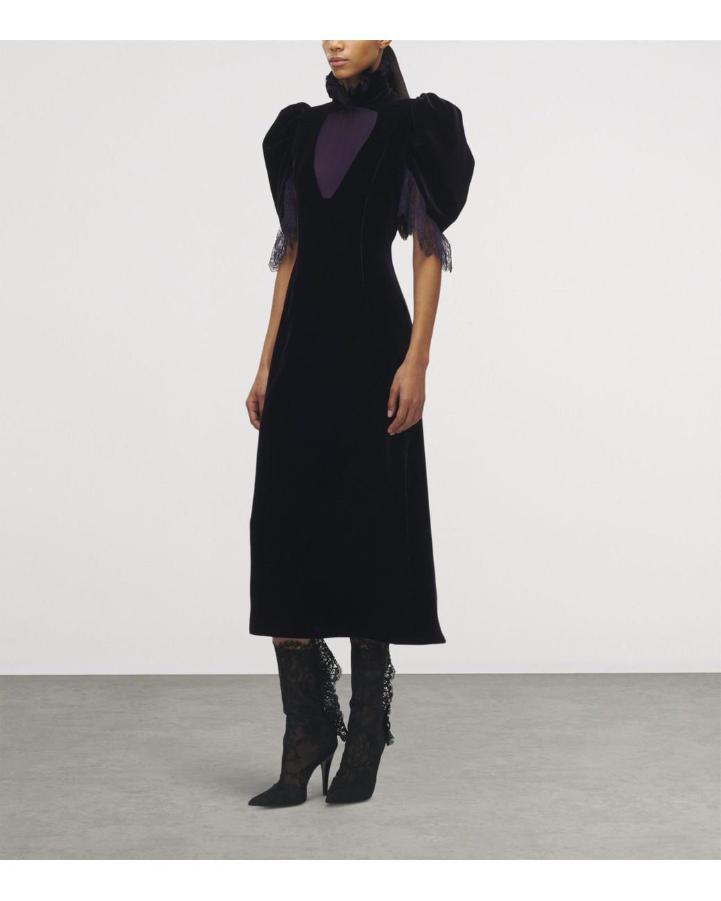 McQueen Velvet Lace-Detail Midi Dress in Black | Lyst
