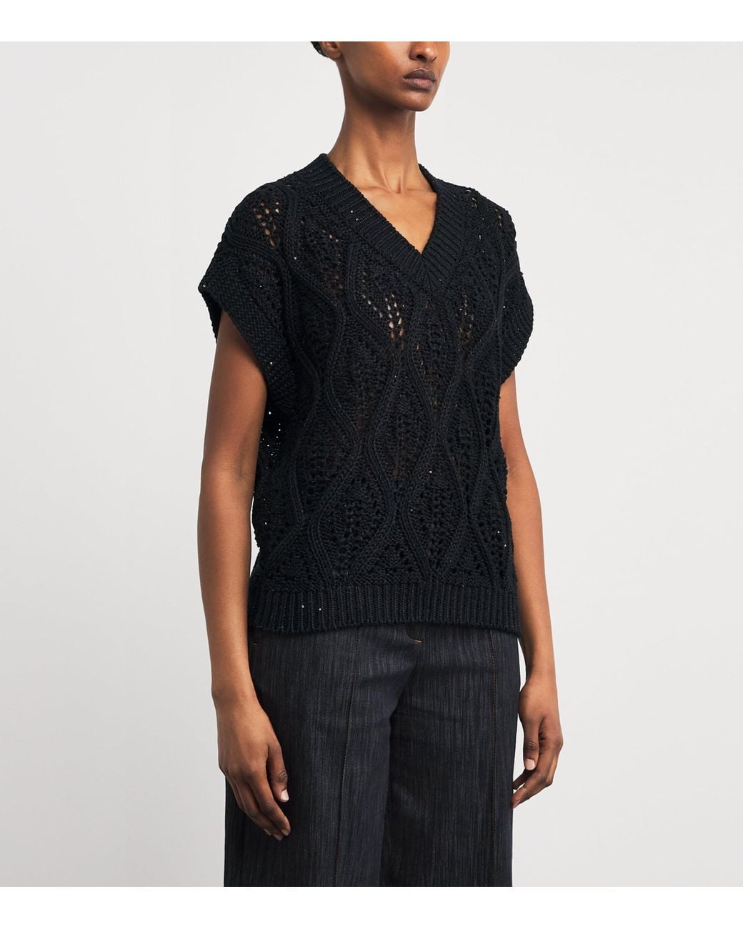 Eleventy Black Cotton-Linen Sequin Short-Sleeve Sweater