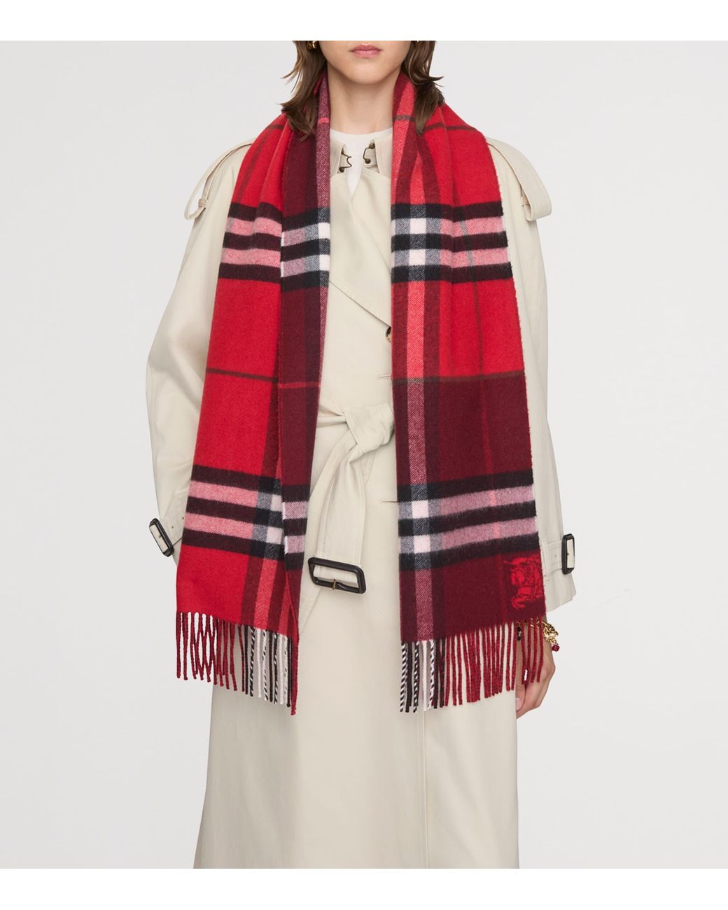 Burberry Red Cashmere Contrast Check Scarf
