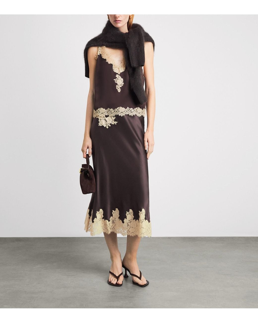 Doen Brown Silk Lace-Trim Elowen Midi Skirt