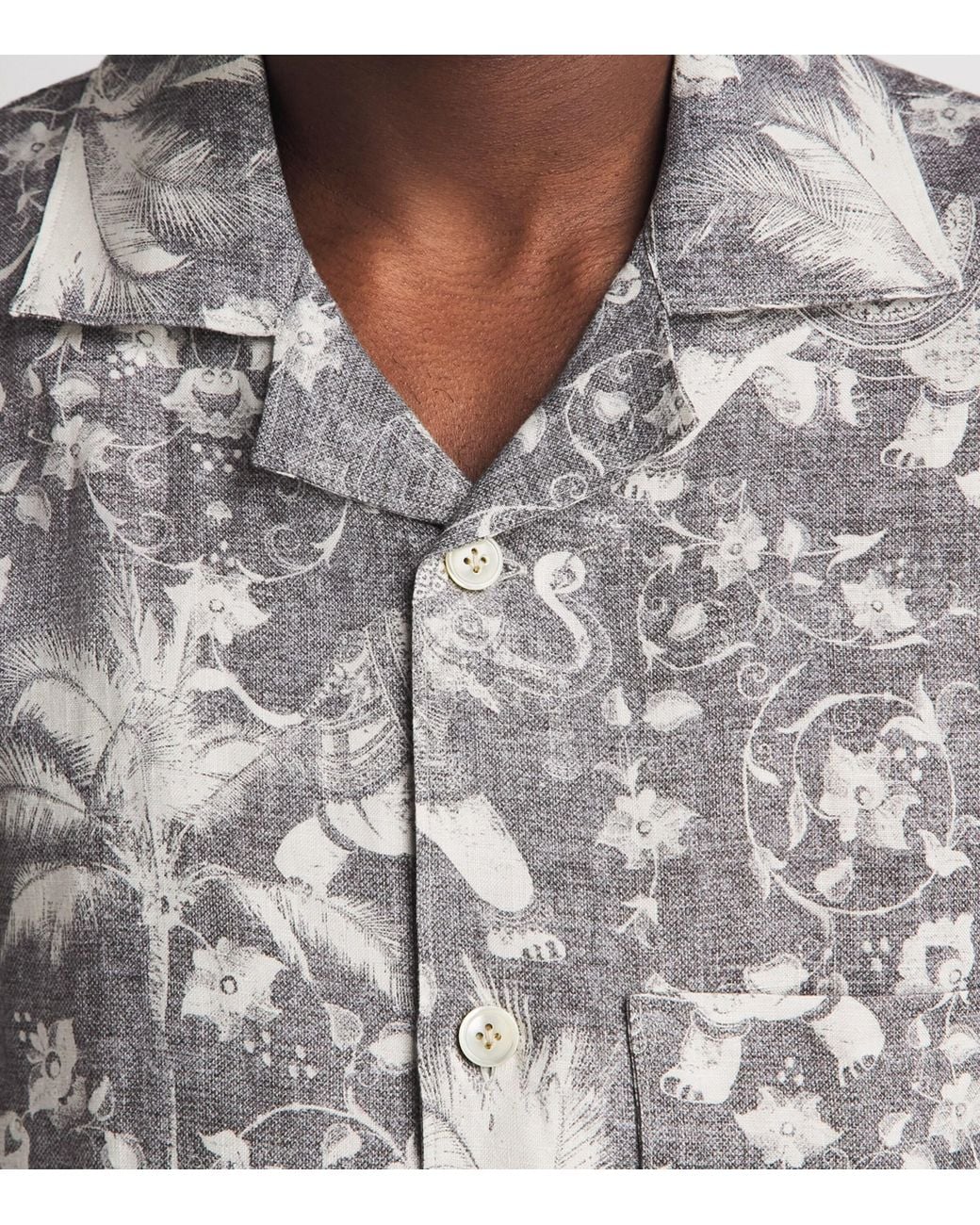 Eleventy Gray Linen Printed Bowling Shirt for men