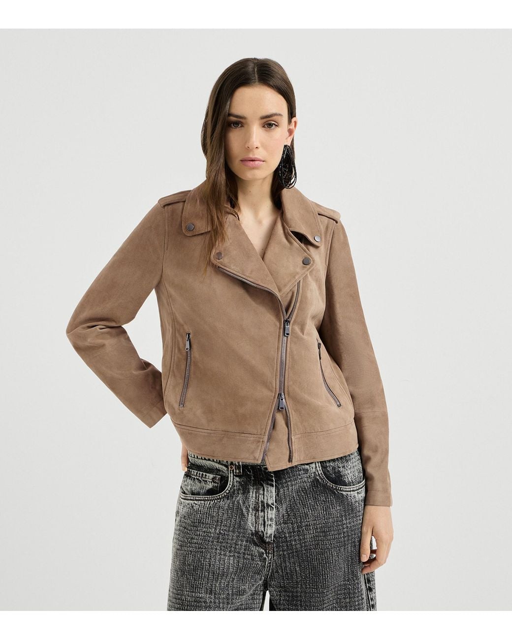 Brunello Cucinelli Brown Suede Biker Jacket