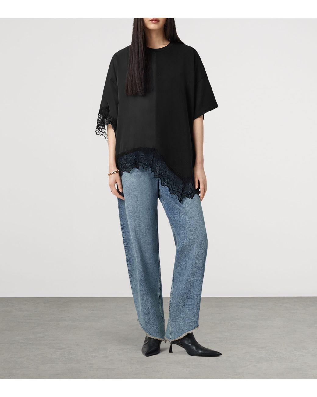 AllSaints Black Cotton Lace-Trim Lenny T-Shirt