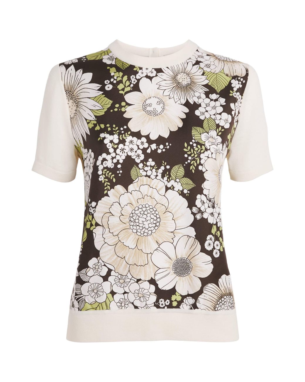 Tory Burch White Silk-Wool Floral T-Shirt