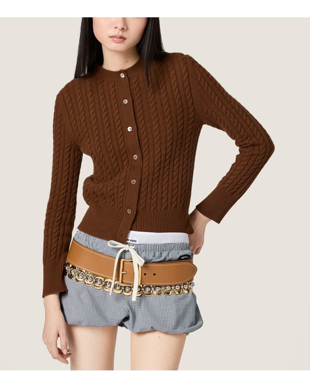 Miu Miu Brown Cashmere Cable-Knit Cardigan