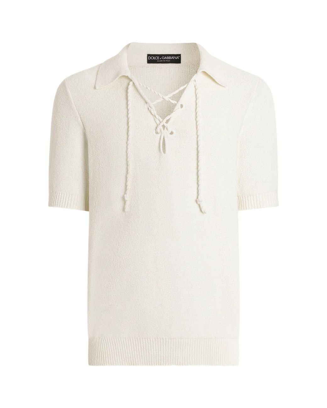 Dolce & Gabbana White Cotton-Blend Serafino Drawstring Polo Shirt for men