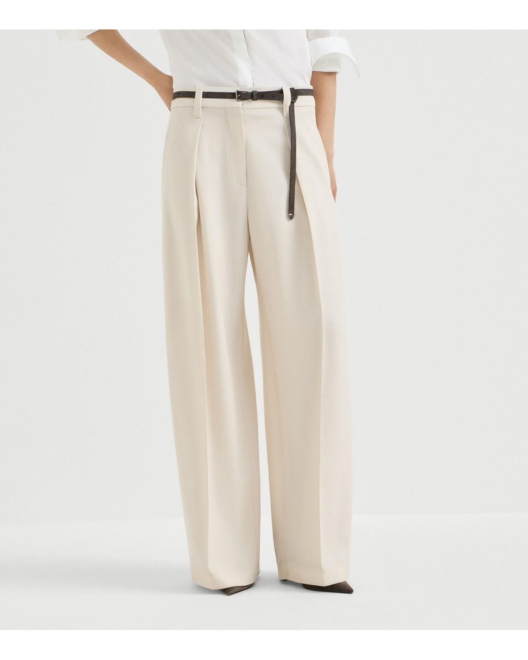Brunello Cucinelli White Virgin Wool Pleated Wide-Leg Trousers