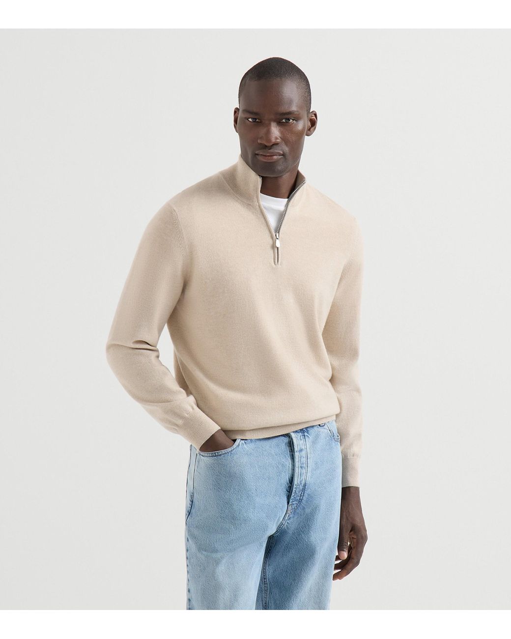 Brunello Cucinelli Natural Cashmere Quarter-Zip Sweater for men