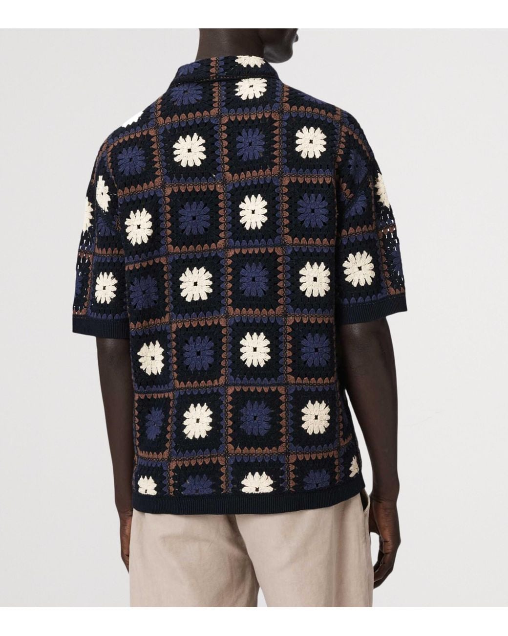 AllSaints Blue Organic Cotton Crochet Short-Sleeve Shirt for men