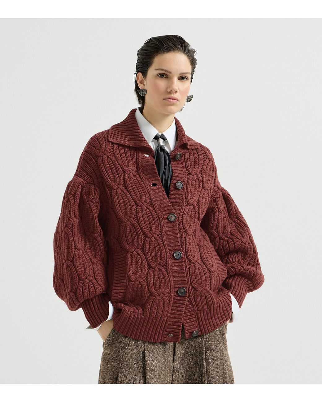 Brunello Cucinelli Red Cashmere Cable-Knit Heritage Cardigan