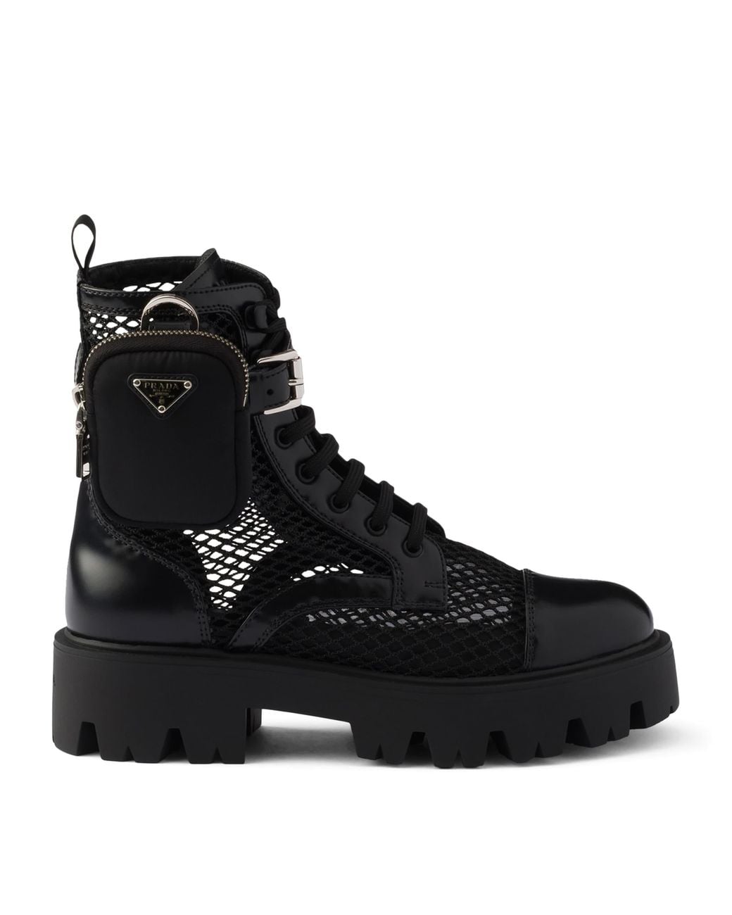 Prada Black Mesh And Leather Monolith Boots With Pouch