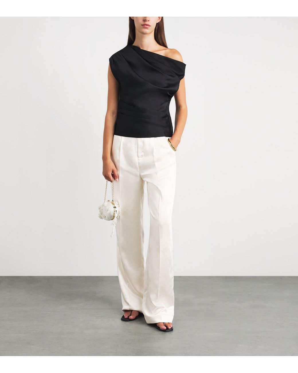 Self-Portrait White Satin Wide-Leg Trousers