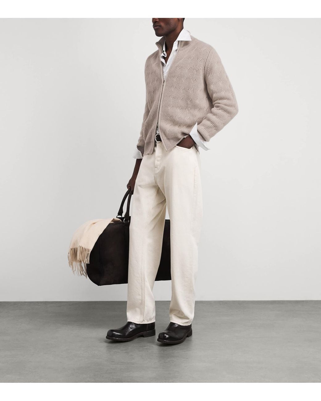 FIORONI CASHMERE Brown Cashmere Cable-Knit Zip-Up Sweatshirt for men