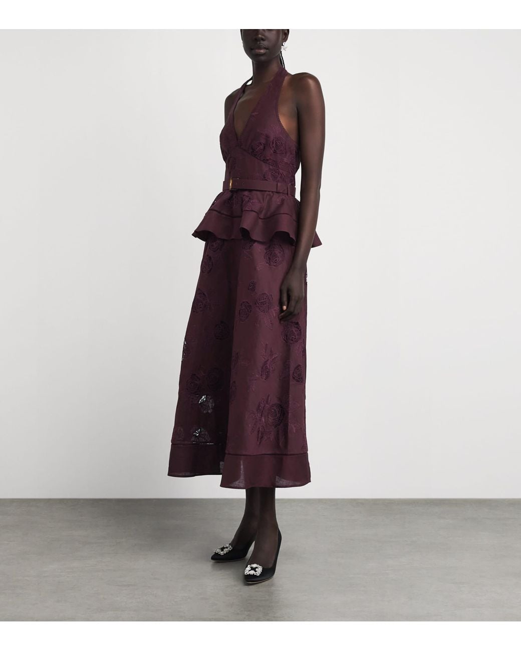 Self-Portrait Purple Linen-Cotton Embroidered Midi Dress
