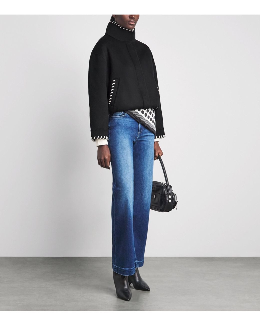 Sandro Black Wool Topstitch Stand-Collar Jacket