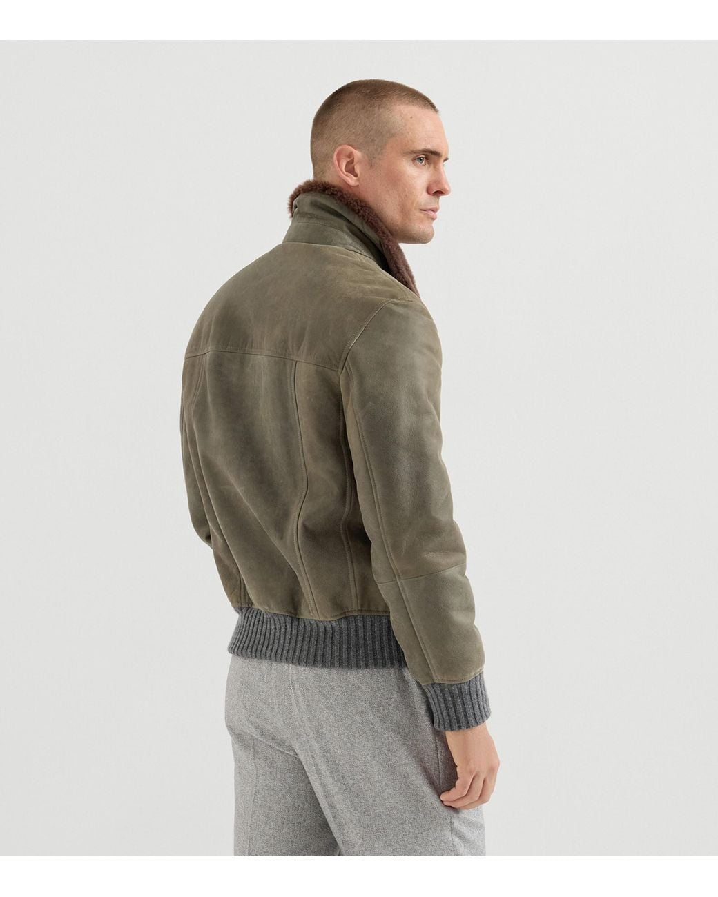 Brunello Cucinelli Green Leather Shearling-Trim Jacket for men