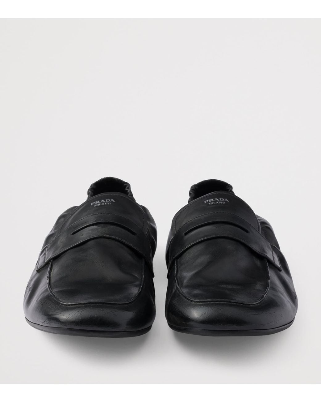 Prada Black Antiqued Leather Shuffle Loafers for men