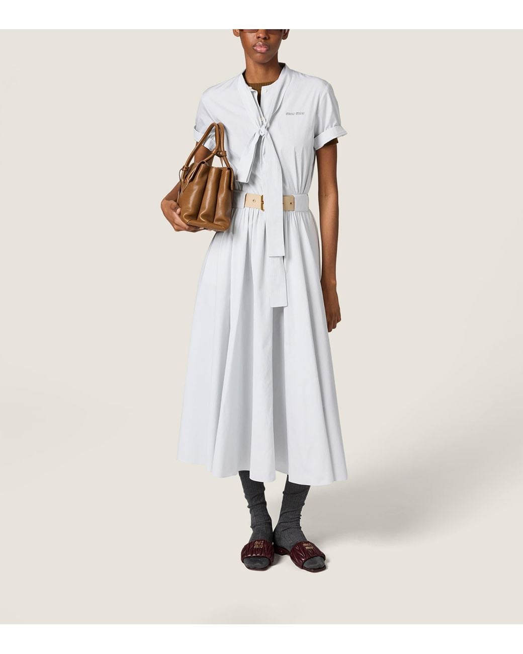 Miu Miu White Cotton Pinstripe Belted Midi Dress