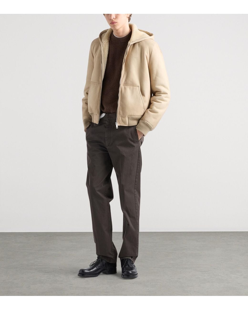 Prada Natural Shearling Hooded Bomber Jacket for men