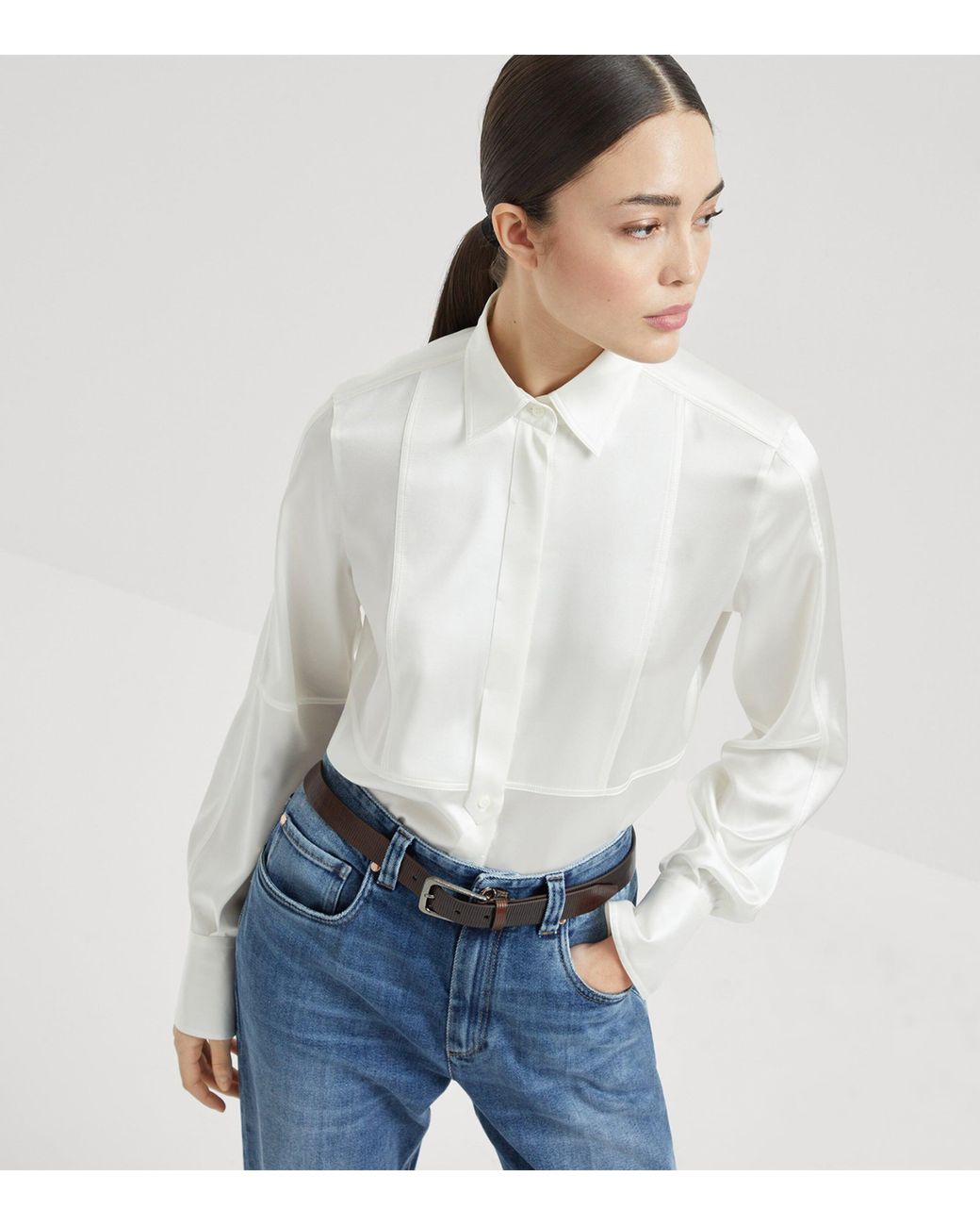 Brunello Cucinelli White Stretch-Silk Satin Shirt
