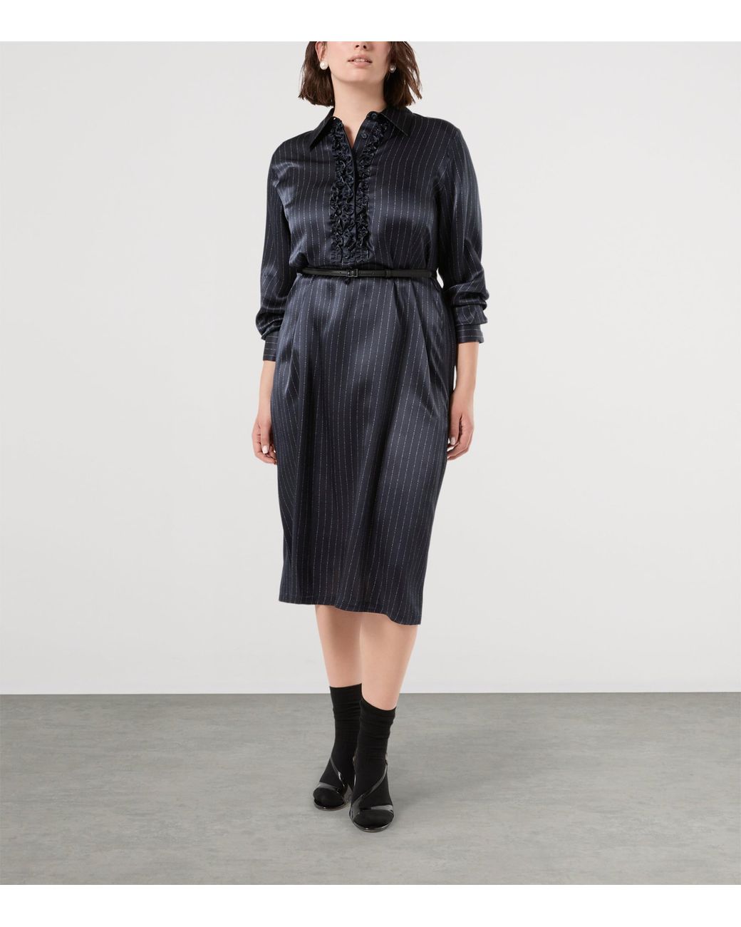 Marina Rinaldi Blue Silk Pinstripe Midi Dress