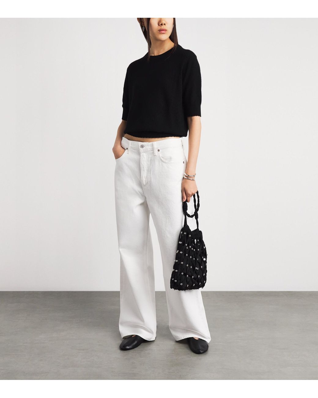 7 For All Mankind Black Cashmere Pointelle Short-Sleeve Sweater