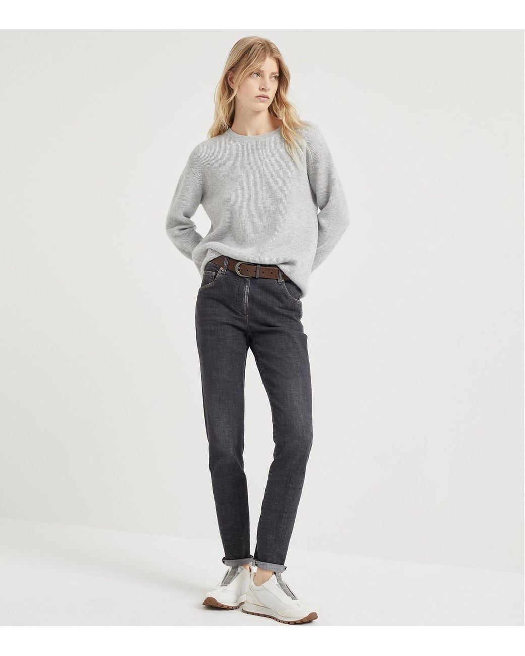 Brunello Cucinelli Gray Cashmere Monili-Trim Sweater