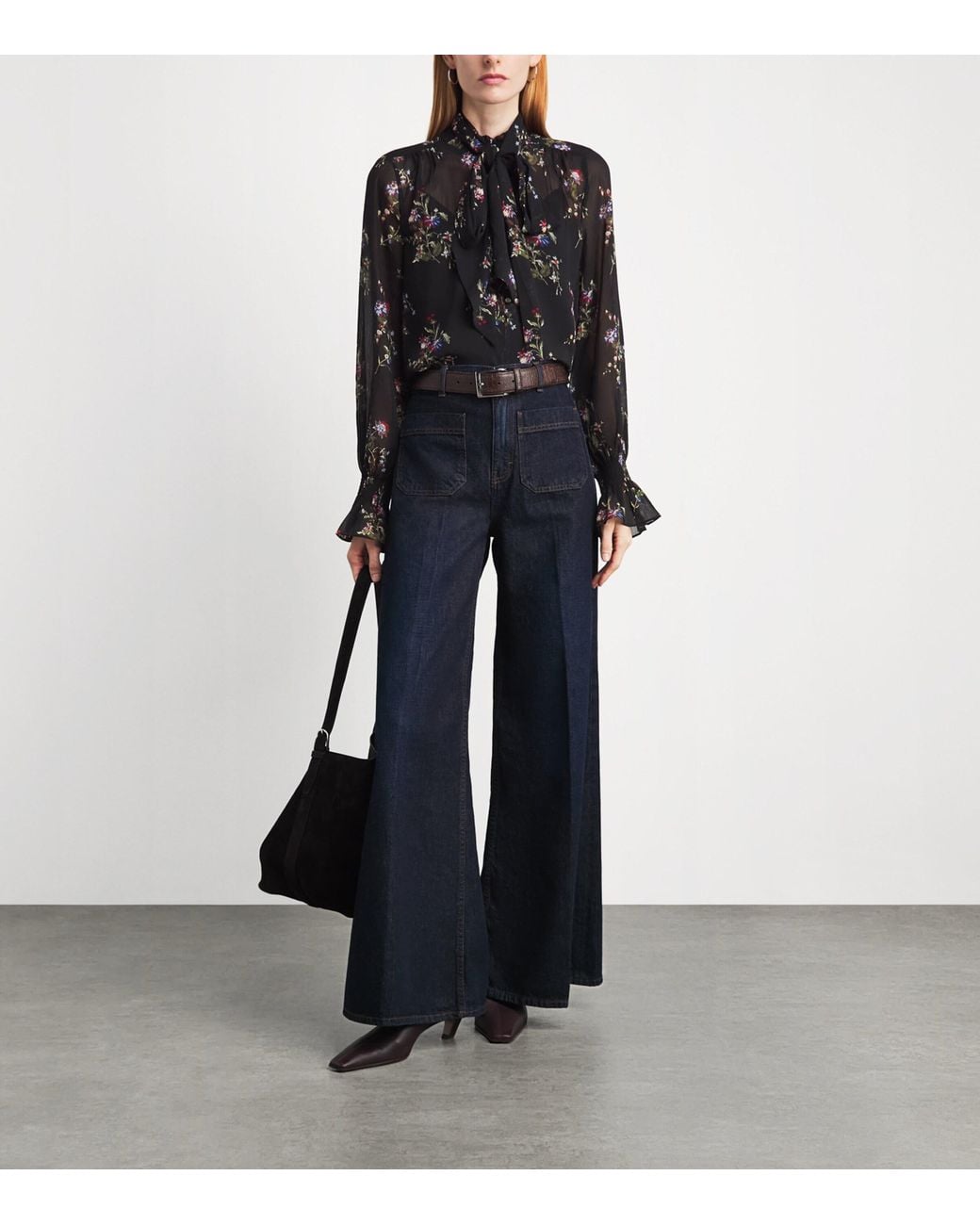 ME+EM Black Georgette Floral Tie-Neck Blouse