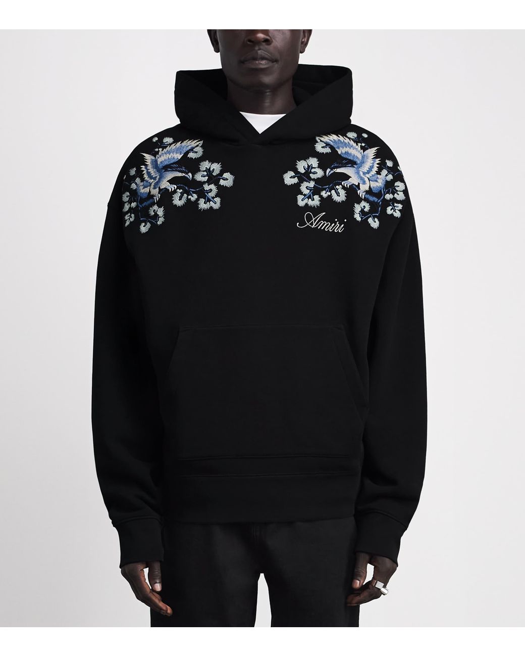 Amiri Black Cotton Floral-Embroidered Hoodie for men