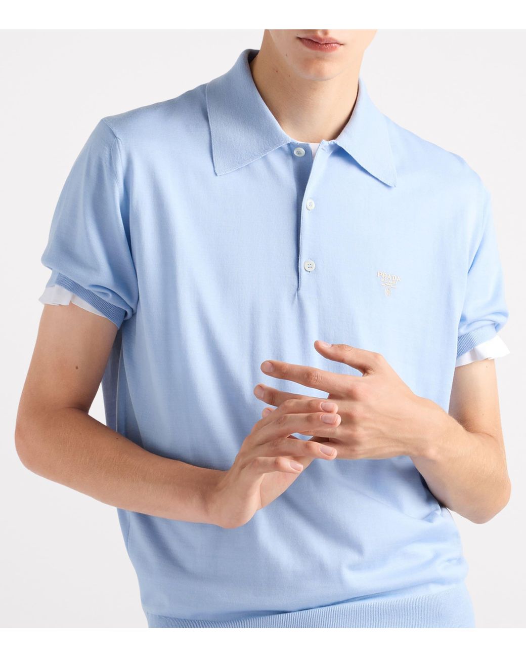 Prada Blue Superfine Fleece Wool Polo Shirt for men