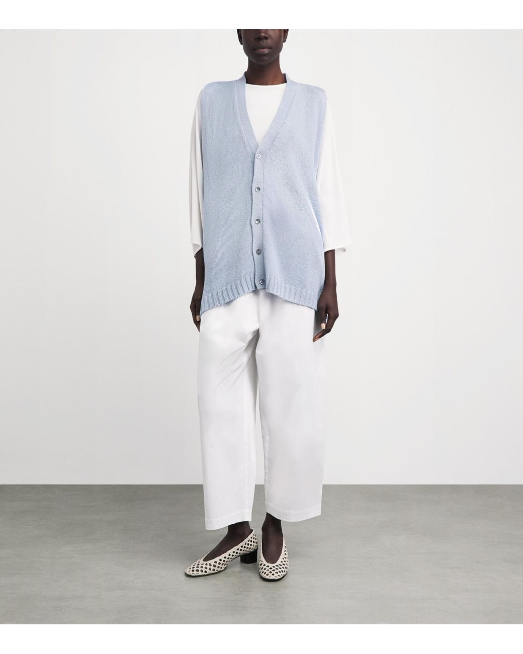 Eskandar Blue Linen-Organic Cotton Sleeveless Cardigan