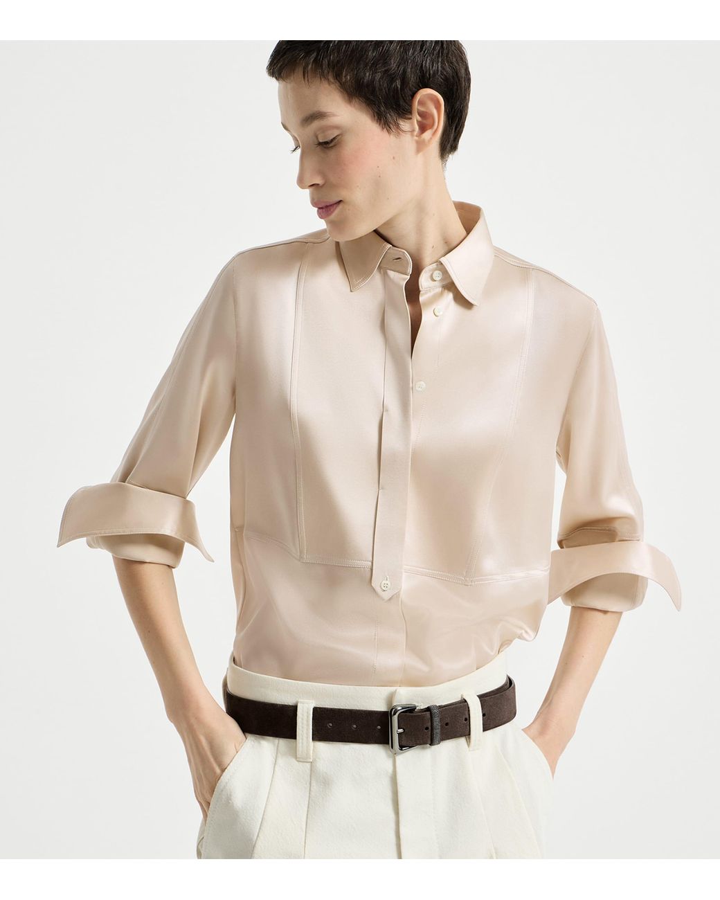 Brunello Cucinelli Natural Stretch-Silk Satin Shirt