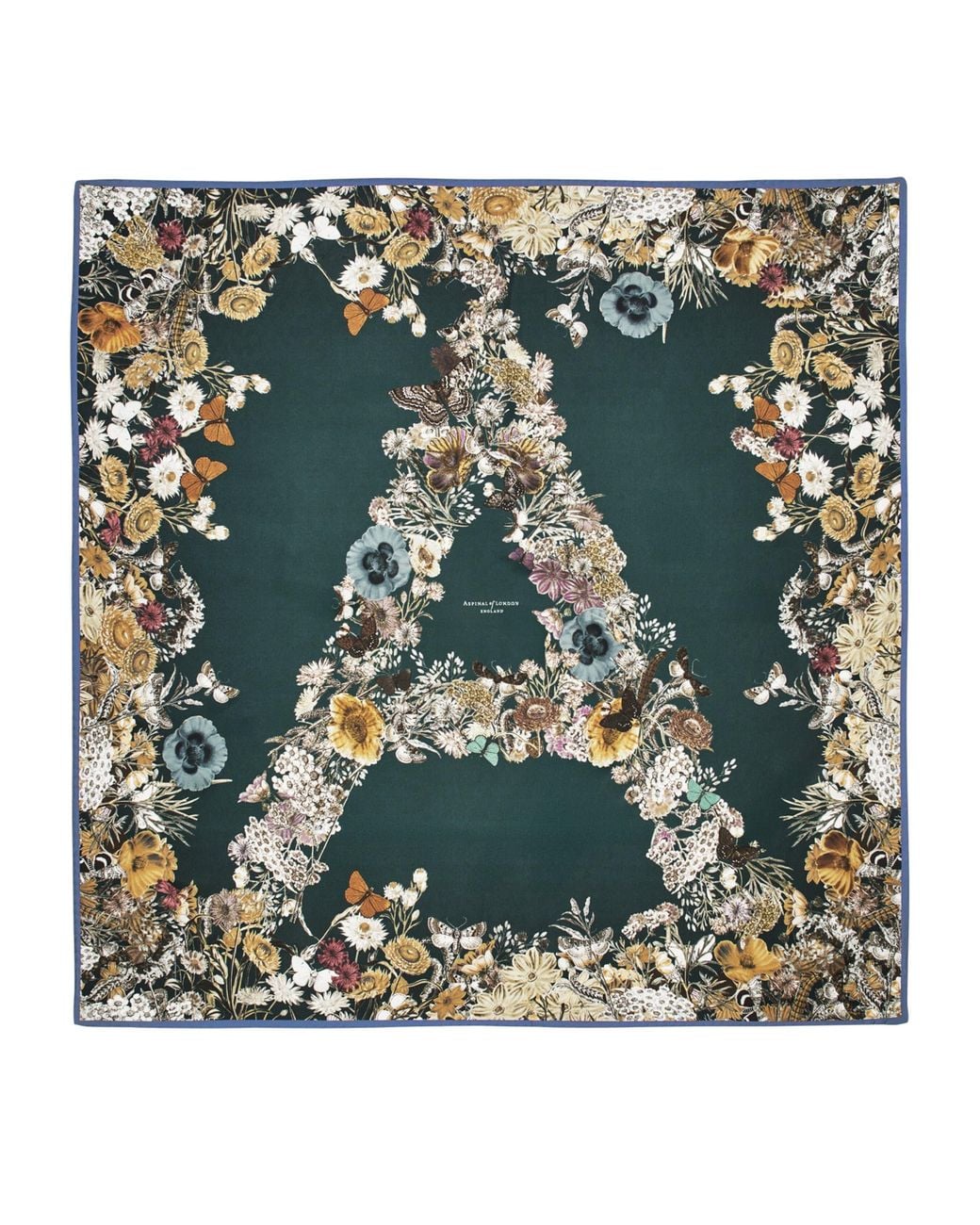 Aspinal Green Silk Floral Monogram Scarf