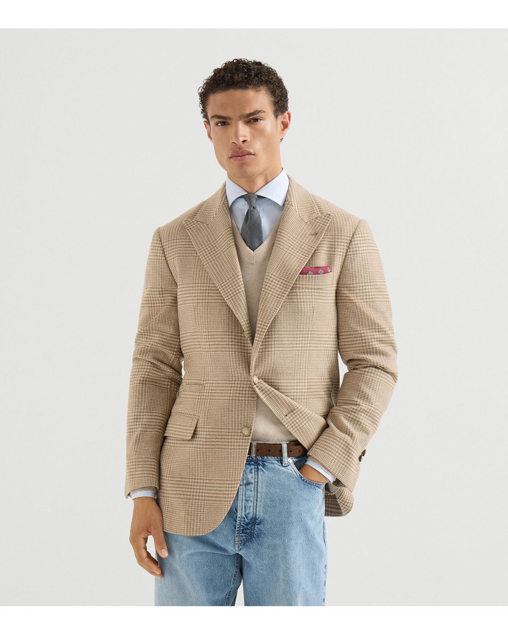 Brunello Cucinelli Brown Wool-Cashmere-Blend Check Blazer for men