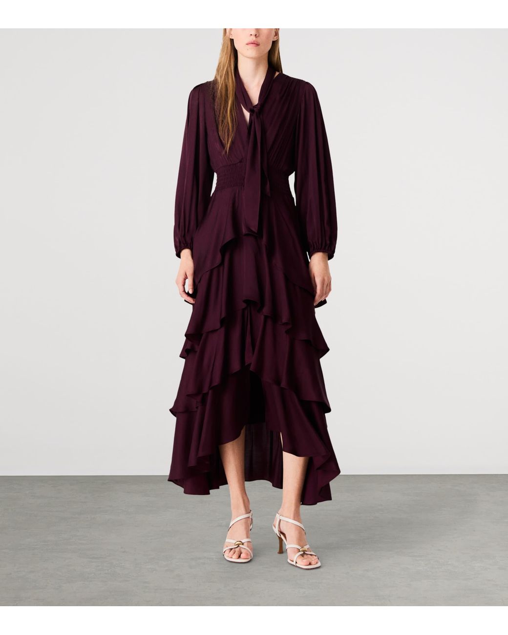Maje Tiered Pussybow Midi Dress
