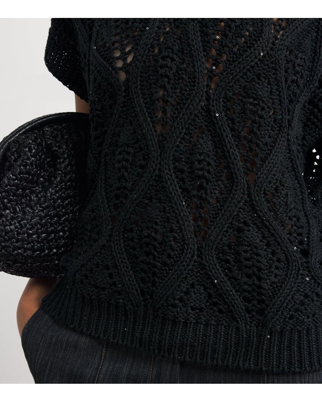 Eleventy Black Cotton-Linen Sequin Short-Sleeve Sweater