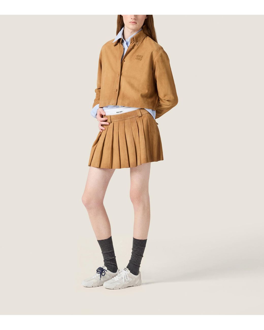 Miu Miu Brown Waxed Suede Pleated Miniskirt