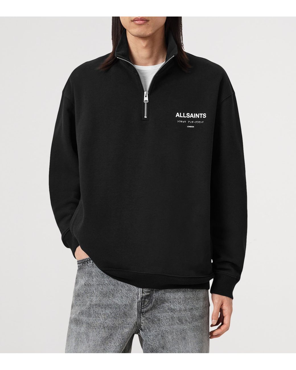 AllSaints Black Cotton Underground Half-Zip Sweatshirt for men