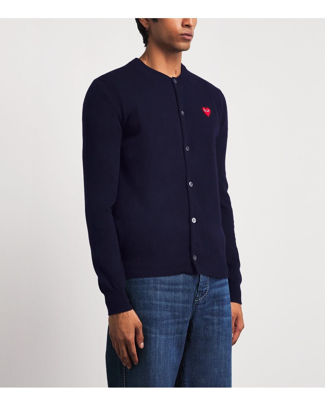 COMME DES GARÇONS PLAY Blue Wool Rhinestone Heart Logo Cardigan for men