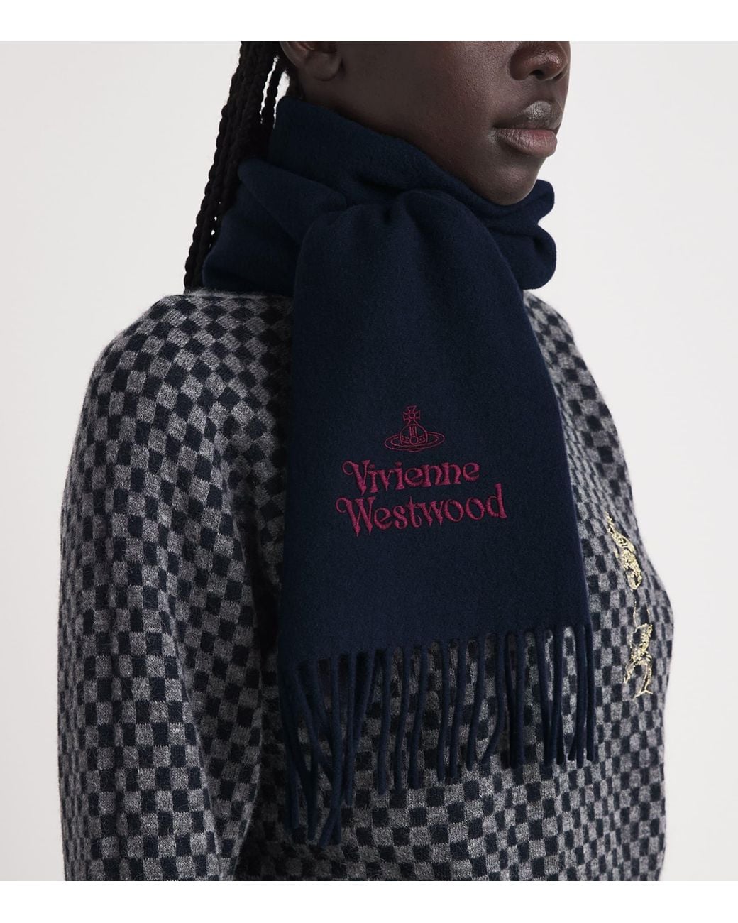 Vivienne Westwood Blue Wool Embroidered Logo Scarf