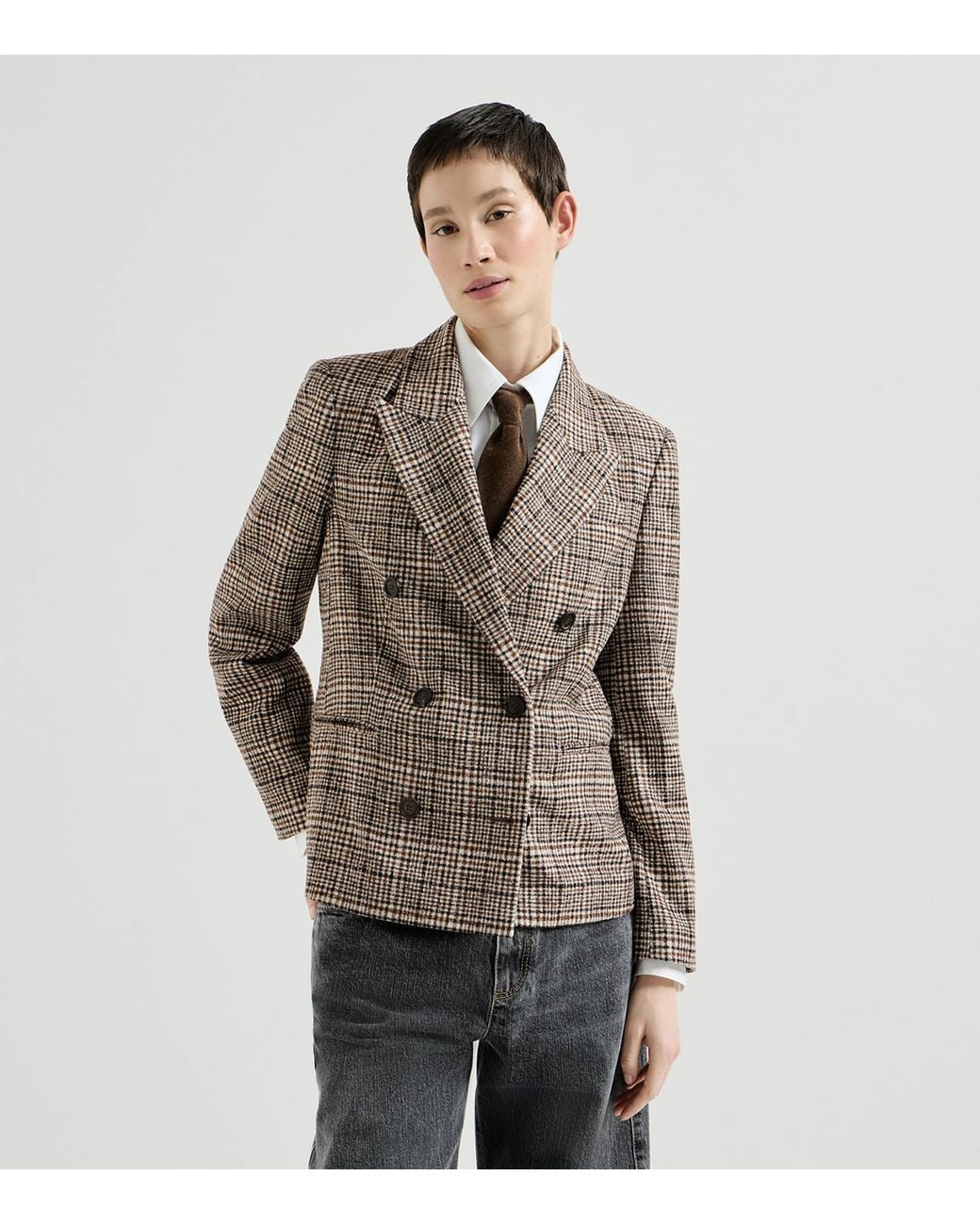 Brunello Cucinelli Brown Alpaca-Blend Check Blazer