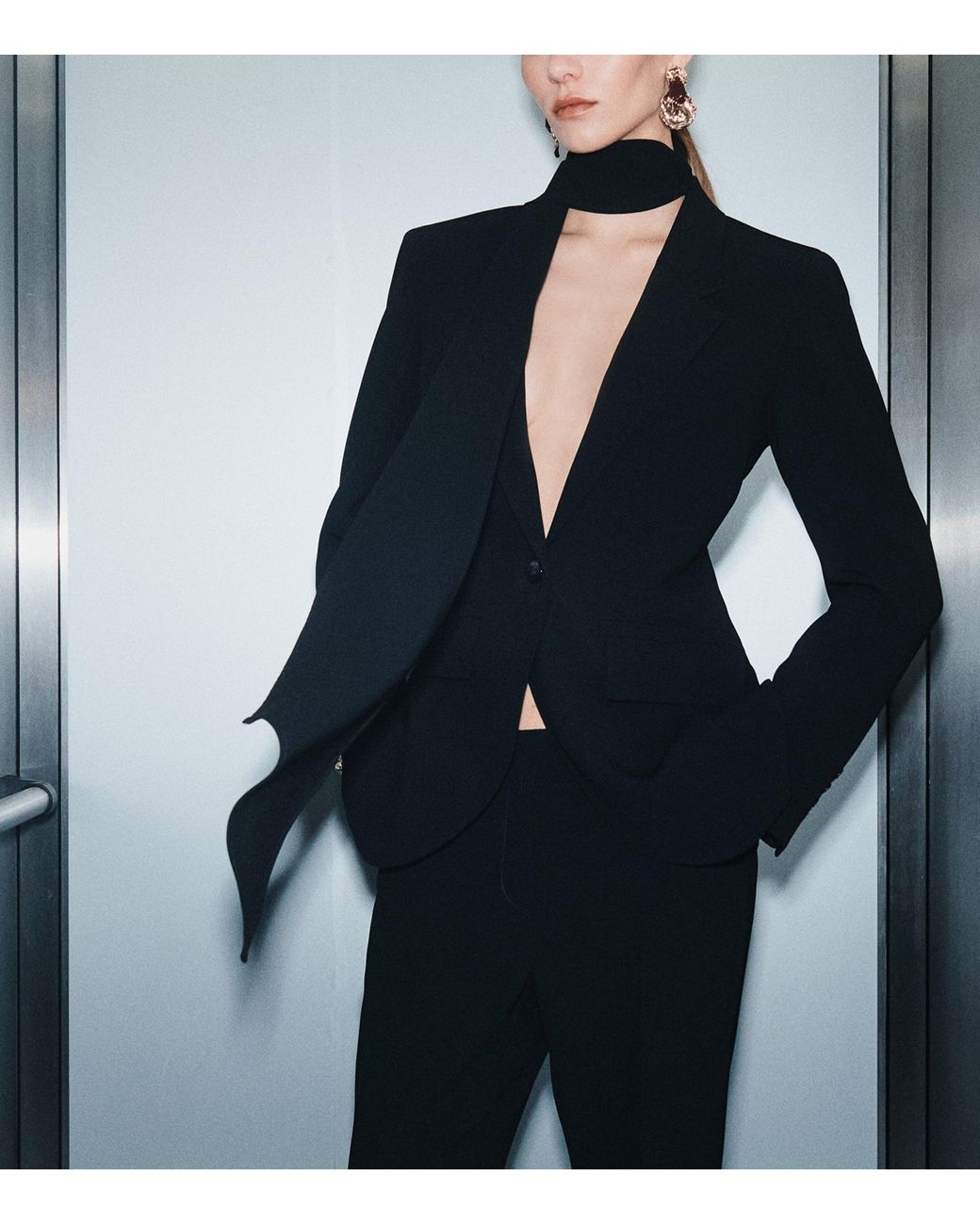 Marella Black Envers Satin Scarf-Detail Blazer