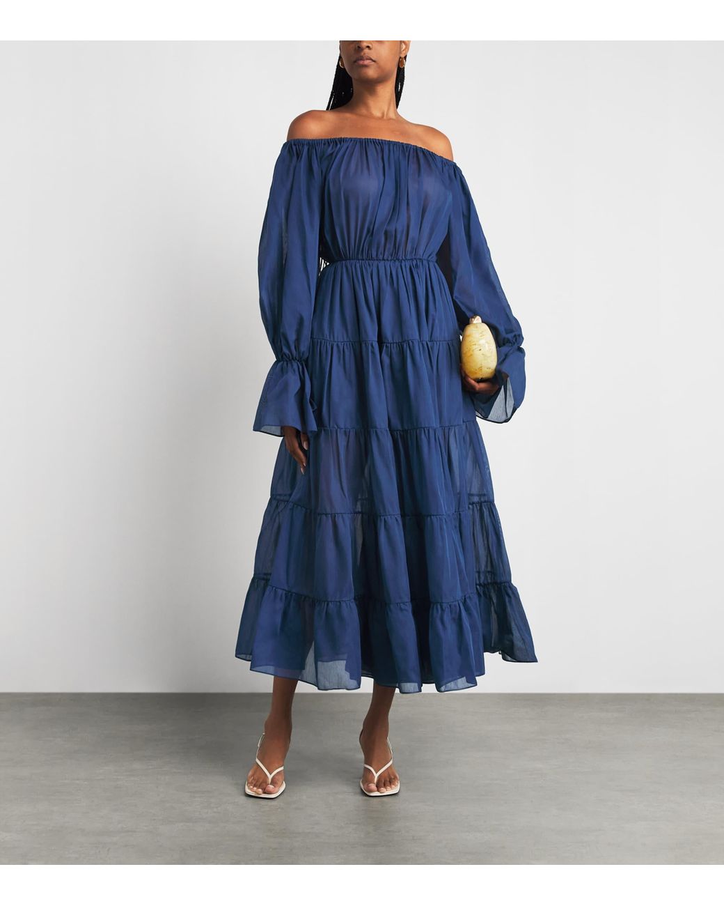 Moré Noir Blue Cotton-Silk Beatrice Tiered Maxi Dress