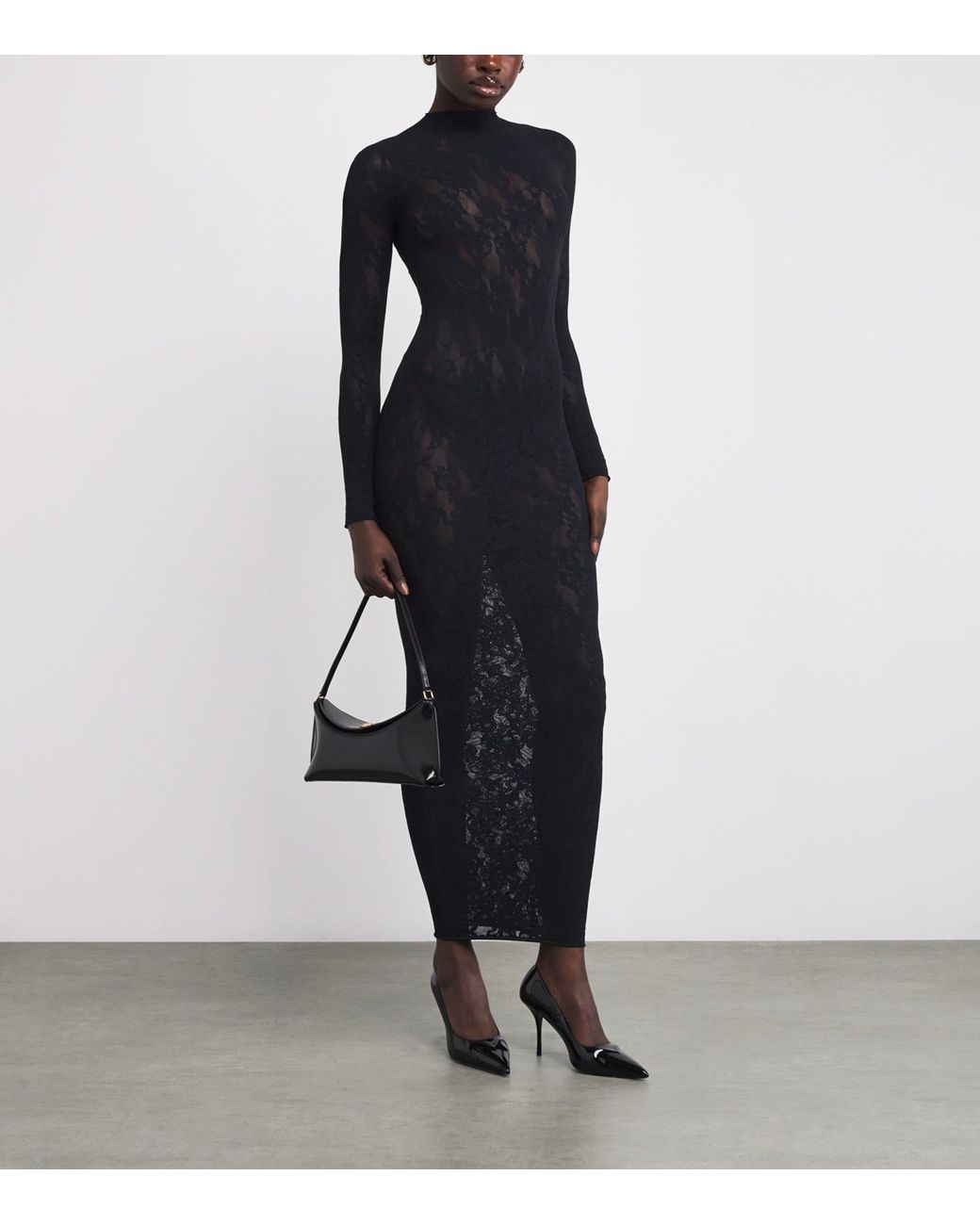 Skims Lace Long-Sleeve Maxi Dress in Black | Lyst