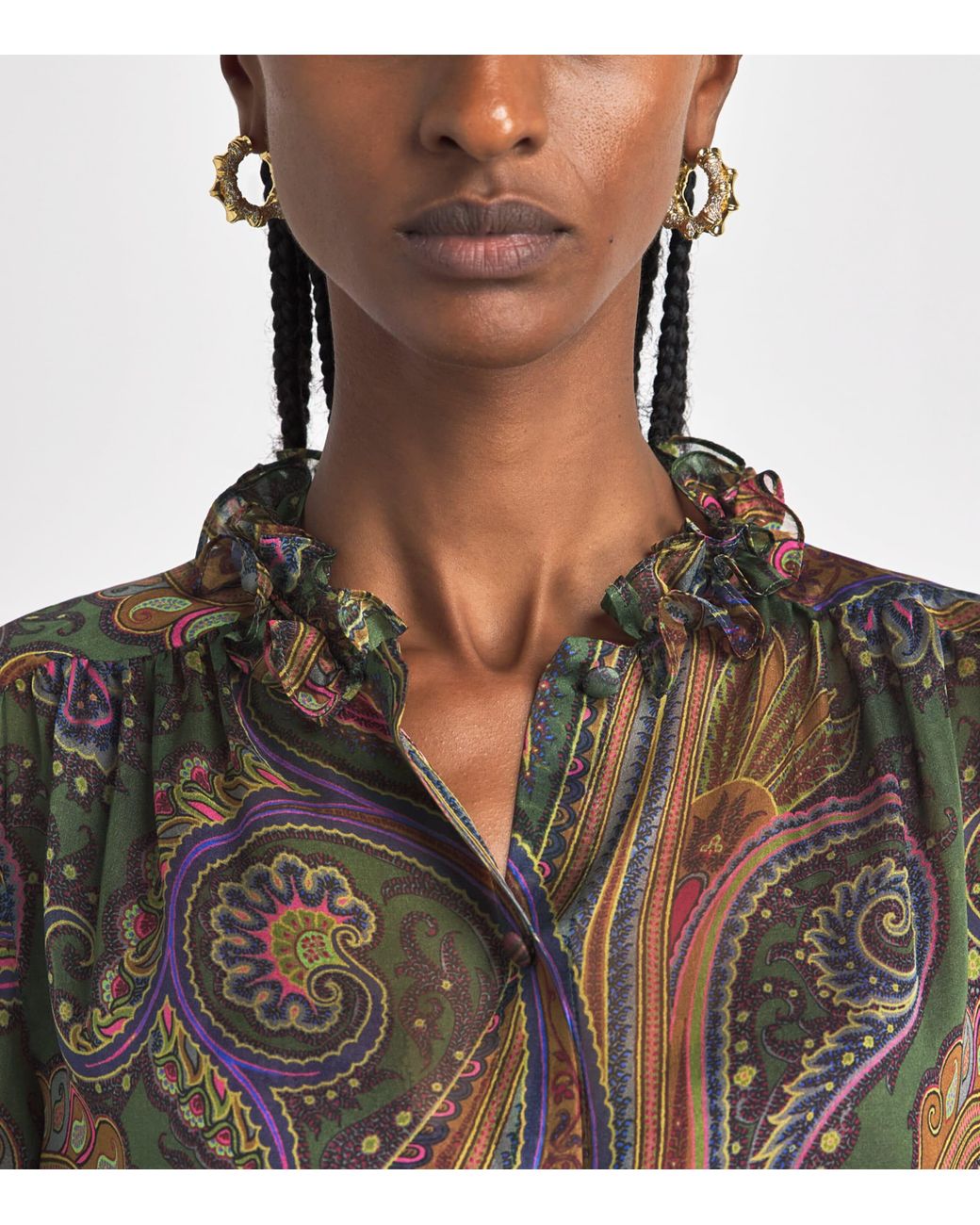 Etro Brown Silk Ruffle Paisley Blouse