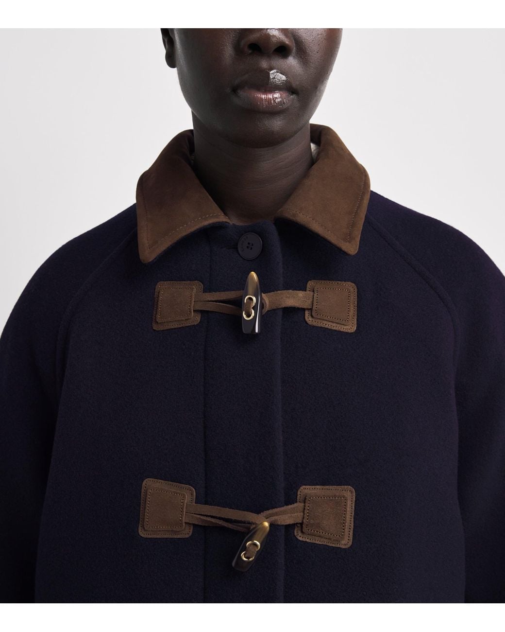 Sandro Blue Wool-Blend Suede-Collar Duffle Coat