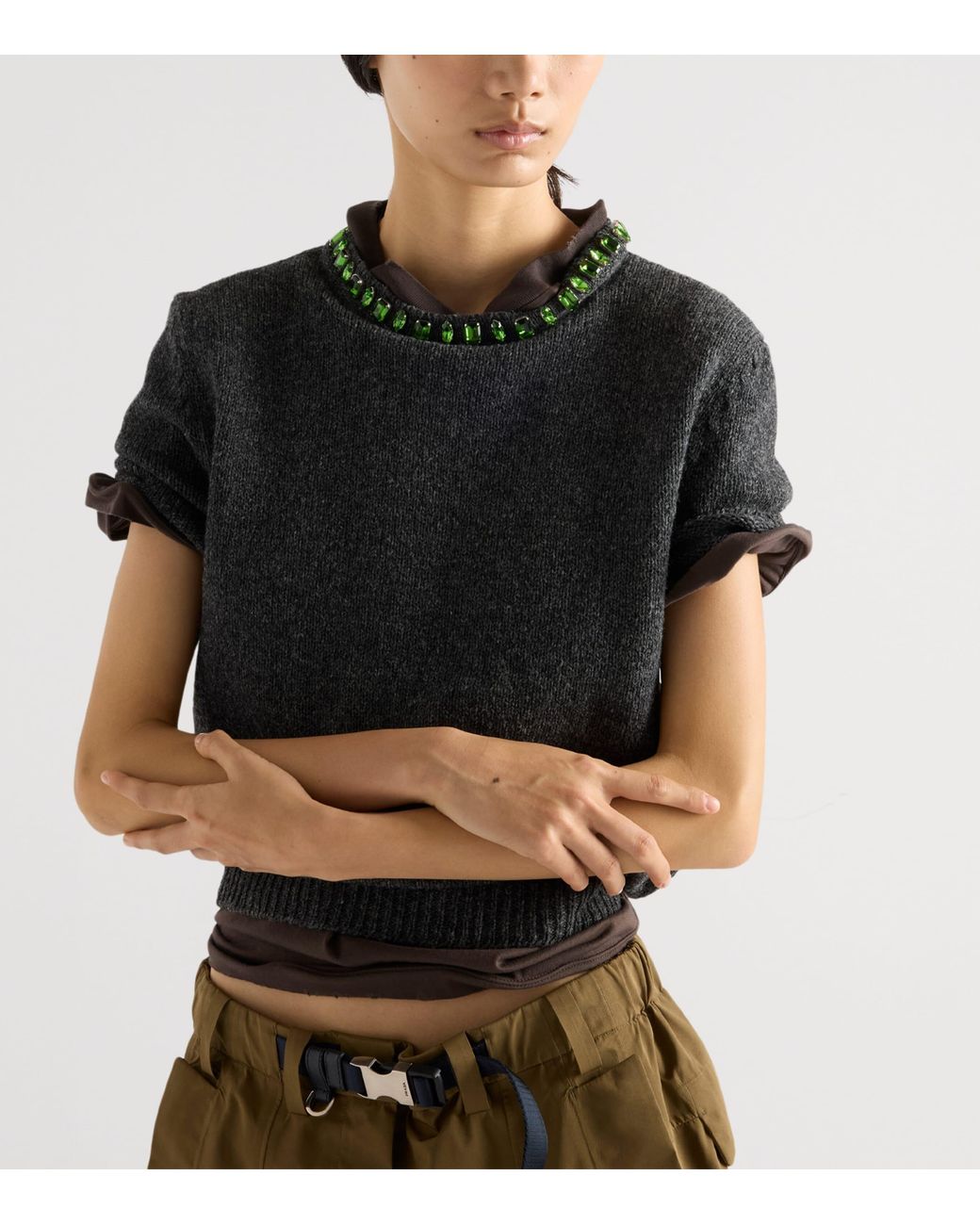 Prada Gray Wool-Cashmere Embellished Sweater